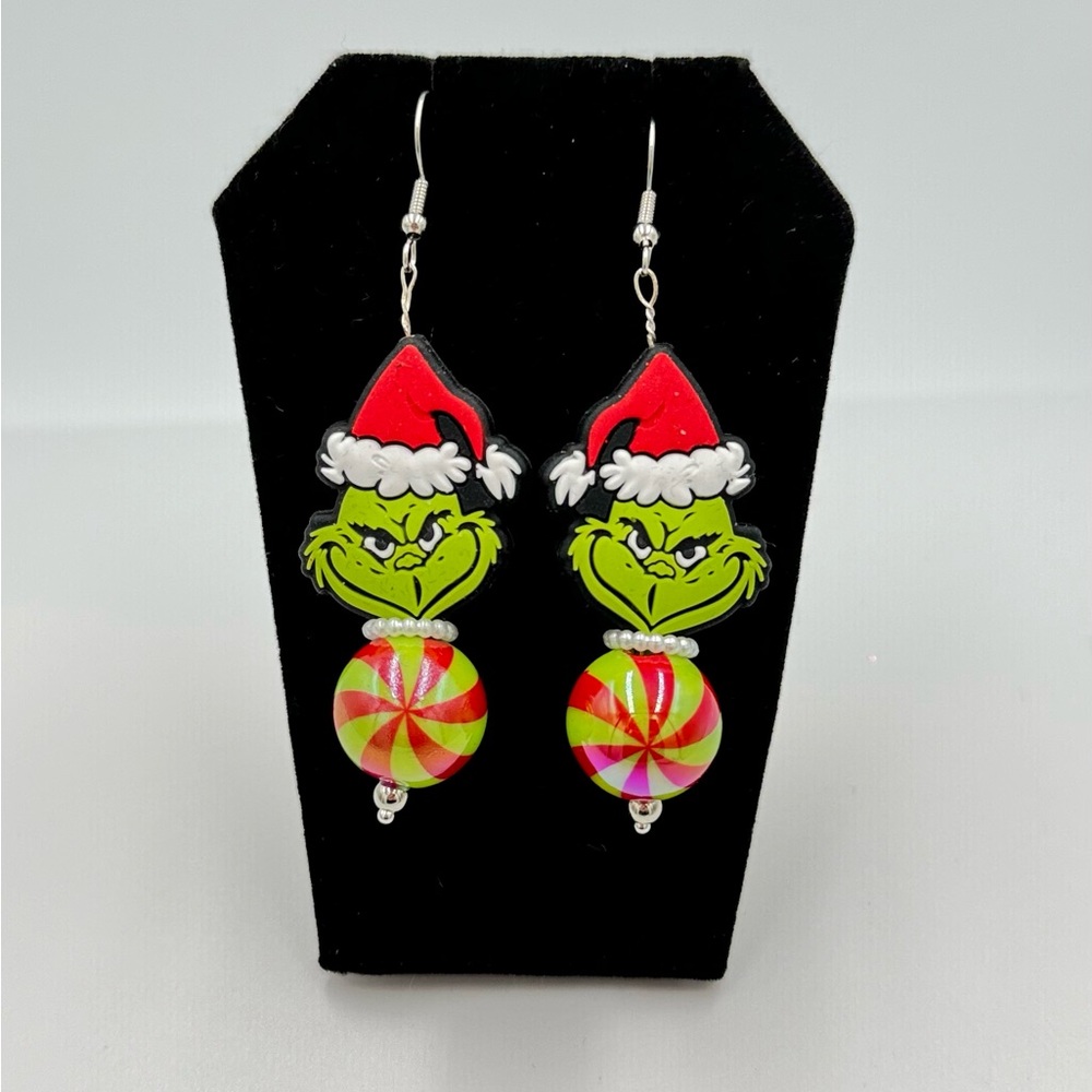Festive Grinch Earrings with Santa Hat